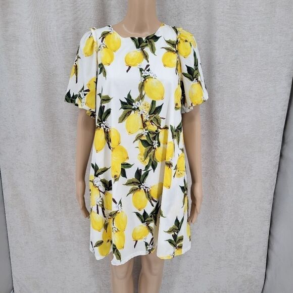 Love Riche White with Yellow Lemons Cotton Midi Dress Women's Large - Picture 8 of 13